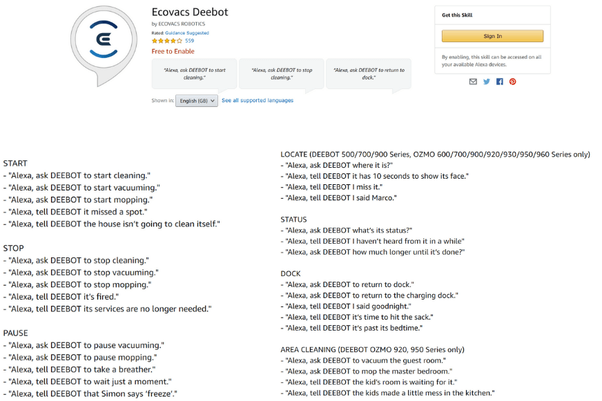 Overview of the Alexa voice commands of the Ecovacs Deebot OZMO T8+